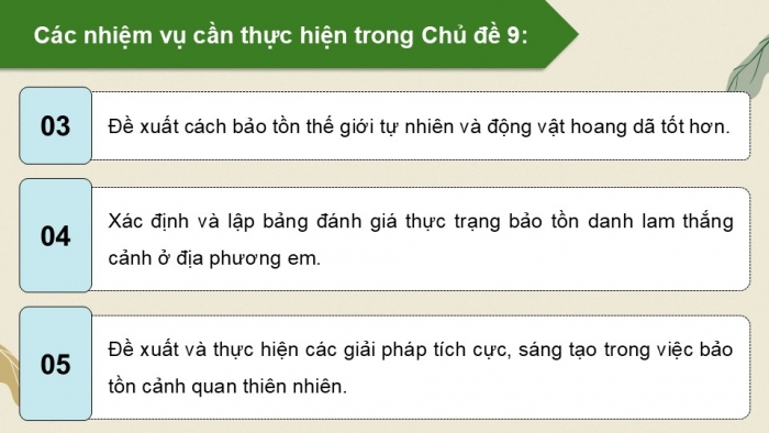 Giáo án điện tử Hoạt động trải nghiệm 12 chân trời bản 1 Chủ đề 9: Bảo vệ cảnh quan thiên nhiên, thế giới động vật và thực vật (P1)