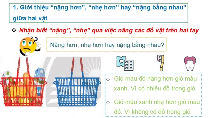 Giáo án PPT Toán 2 chân trời bài Nặng hơn, nhẹ hơn