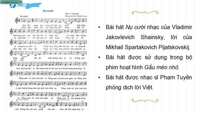 Giáo án điện tử Âm nhạc 9 kết nối Tiết 23: Hát Bài hát Nụ cười