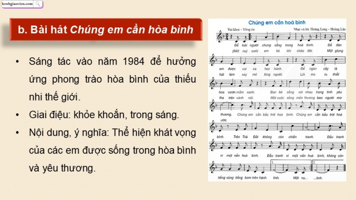 Giáo án điện tử Âm nhạc 9 kết nối Tiết 24: Nghe nhạc Bài hát Chúng em cần hoà bình, Ôn bài hát Nụ cười