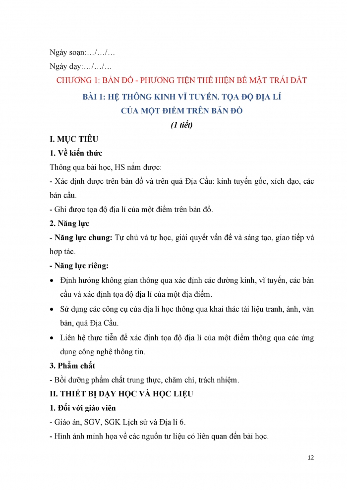 Giáo án và PPT Địa lí 6 cánh diều Bài 1: Hệ thống kinh vĩ tuyến. Toạ độ địa lí của một địa điểm trên bản đồ