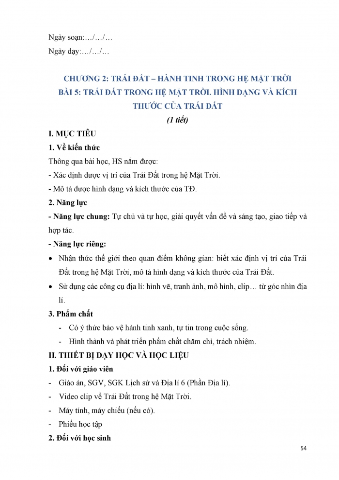 Giáo án và PPT Địa lí 6 cánh diều Bài 5: Trái Đất trong hệ Mặt Trời. Hình dạng và kích thước của Trái Đất