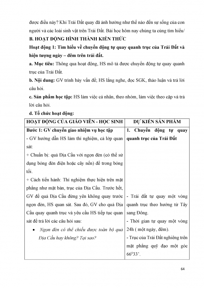 Giáo án và PPT Địa lí 6 cánh diều Bài 6: Chuyển động tự quay quanh trục của Trái Đất và các hệ quả địa lí