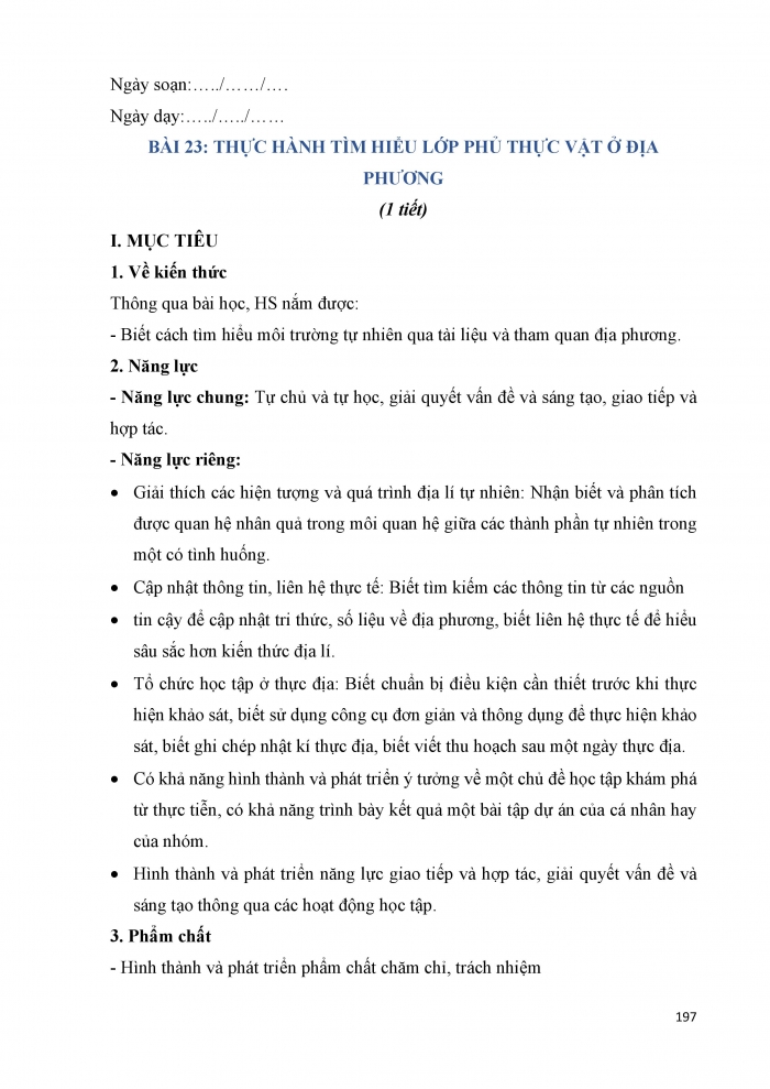 Giáo án và PPT Địa lí 6 cánh diều Bài 23 Thực hành: Tìm hiểu lớp phủ thực vật ở địa phương