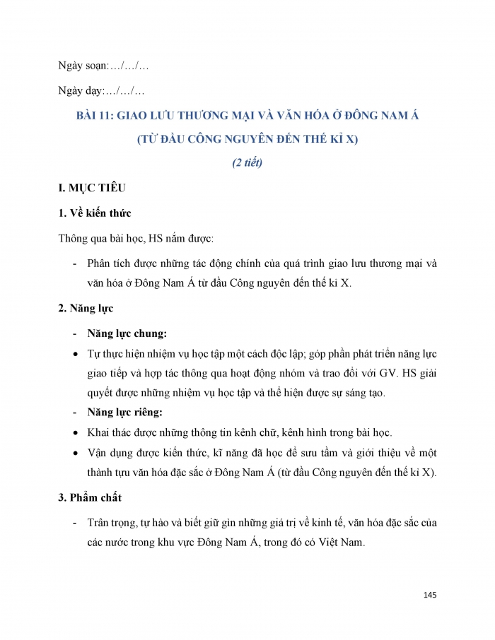 Giáo án và PPT Lịch sử 6 cánh diều Bài 11: Giao lưu thương mại và văn hoá ở Đông Nam Á (từ đầu Công nguyên đến thế kỉ X)