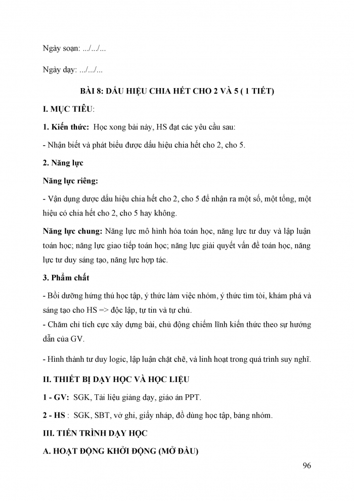 Giáo án và PPT Toán 6 cánh diều Bài 8: Dấu hiệu chia hết cho 2, cho 5