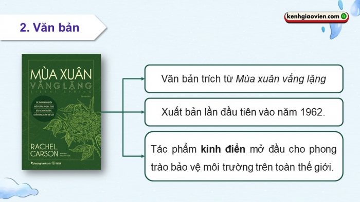 Giáo án điện tử Ngữ văn 12 chân trời Bài 9: Sự ô nhiễm nguồn nước trên bề mặt Trái Đất và hậu quả (Trích Mùa xuân vắng lặng – Rây-cheo Ca-son)