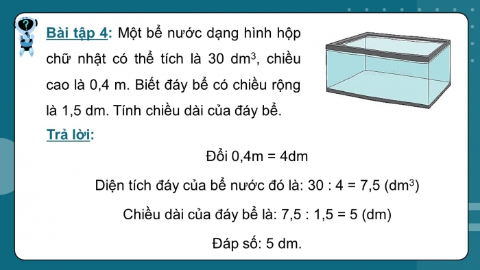 Giáo án PPT dạy thêm Toán 5 Chân trời bài 73: Thể tích hình hộp chữ nhật