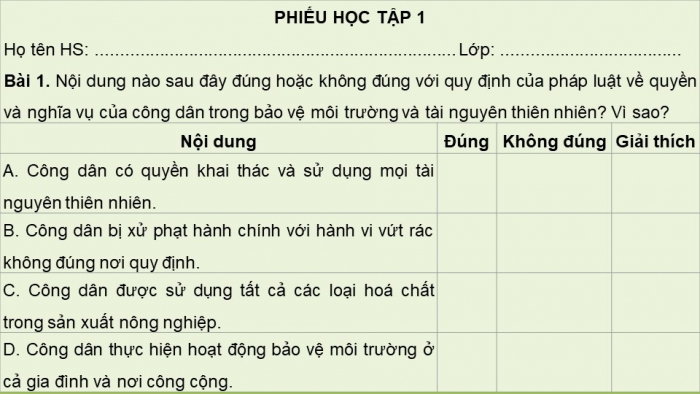 Giáo án điện tử Kinh tế pháp luật 12 cánh diều Bài 14: Quyền và nghĩa vụ của công dân trong bảo vệ môi trường và tài nguyên thiên nhiên (P2)