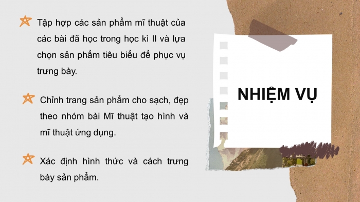 Giáo án điện tử Mĩ thuật 9 chân trời bản 1 Bài Tổng kết học kì II: Trưng bày sản phẩm mĩ thuật