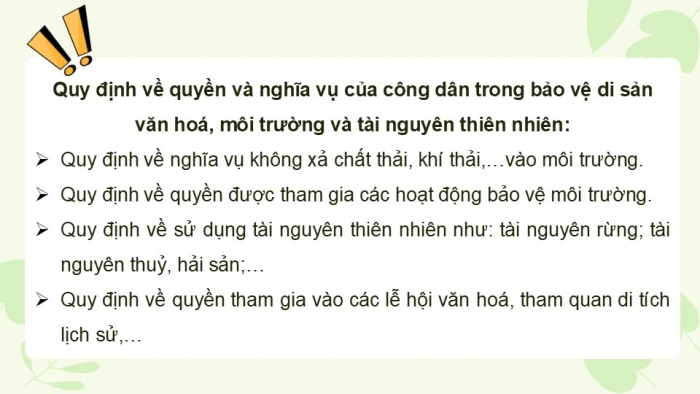 Giáo án điện tử Kinh tế pháp luật 12 chân trời Bài 13: Quyền và nghĩa vụ của công dân trong bảo vệ di sản văn hoá, môi trường và tài nguyên thiên nhiên