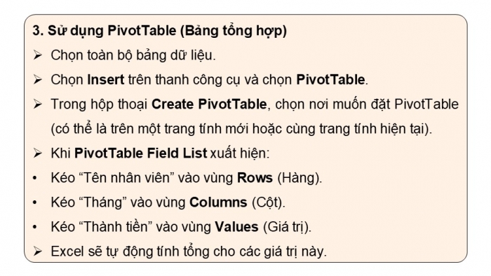 Giáo án điện tử chuyên đề Tin học ứng dụng 12 cánh diều Bài 3: Dùng bảng pivot để phân tích thống kê