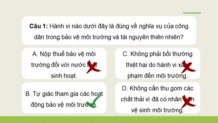 Giáo án điện tử Kinh tế pháp luật 12 cánh diều Bài 14: Quyền và nghĩa vụ của công dân trong bảo vệ môi trường và tài nguyên thiên nhiên (P2)