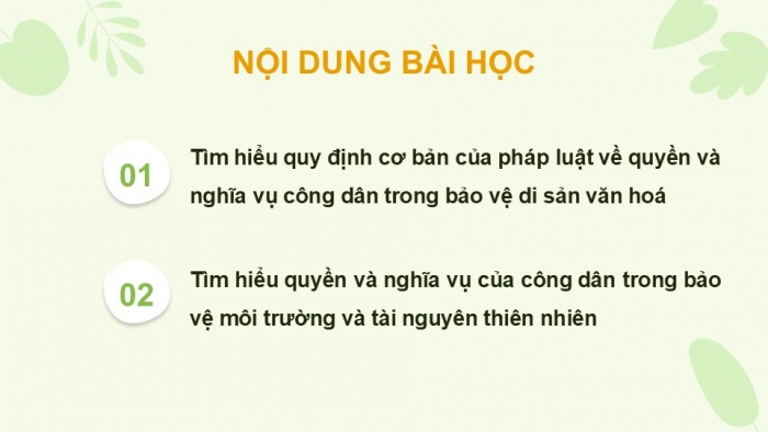 Giáo án điện tử Kinh tế pháp luật 12 chân trời Bài 13: Quyền và nghĩa vụ của công dân trong bảo vệ di sản văn hoá, môi trường và tài nguyên thiên nhiên