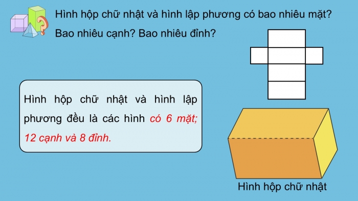 Giáo án PPT dạy thêm Toán 5 Chân trời bài 64: Hình hộp chữ nhật, hình lập phương