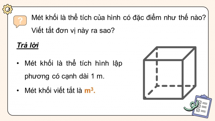 Giáo án PPT dạy thêm Toán 5 Chân trời bài 72: Mét khối