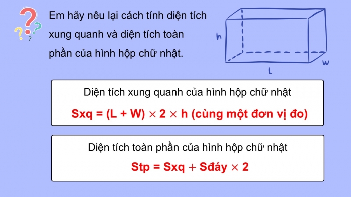 Giáo án PPT dạy thêm Toán 5 Chân trời bài 65: Diện tích xung quanh và diện tích toàn phần của hình hộp chữ nhật