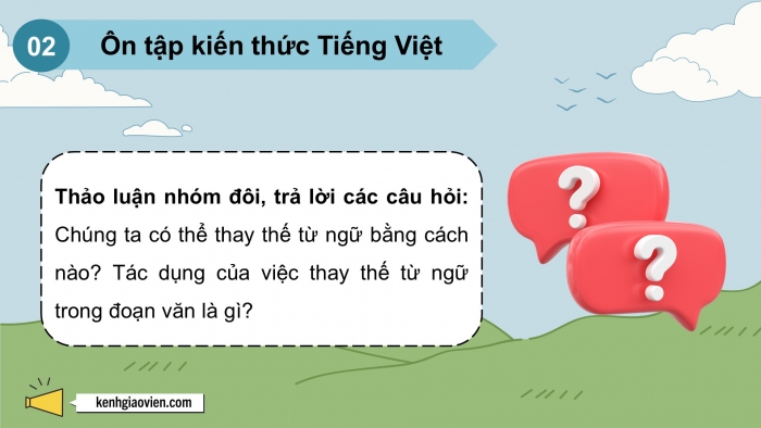 Giáo án PPT dạy thêm Tiếng Việt 5 chân trời bài 4: Bài đọc Miền đất xanh. Liên kết các câu trong đoạn văn bằng cách thay thế từ ngữ. Đoạn văn thể hiện tình cảm, cảm xúc về một bài thơ