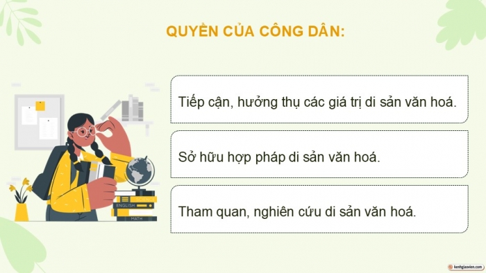 Giáo án điện tử Kinh tế pháp luật 12 chân trời Bài 13: Quyền và nghĩa vụ của công dân trong bảo vệ di sản văn hoá, môi trường và tài nguyên thiên nhiên