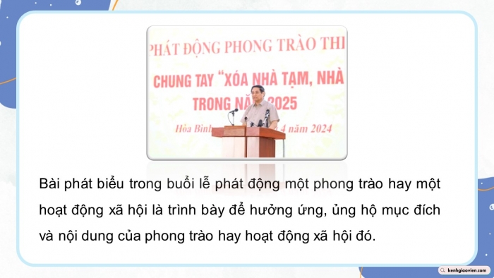 Giáo án điện tử Ngữ văn 12 cánh diều Bài 9: Viết bài phát biểu trong lễ phát động một phong trào hoặc một hoạt động xã hội