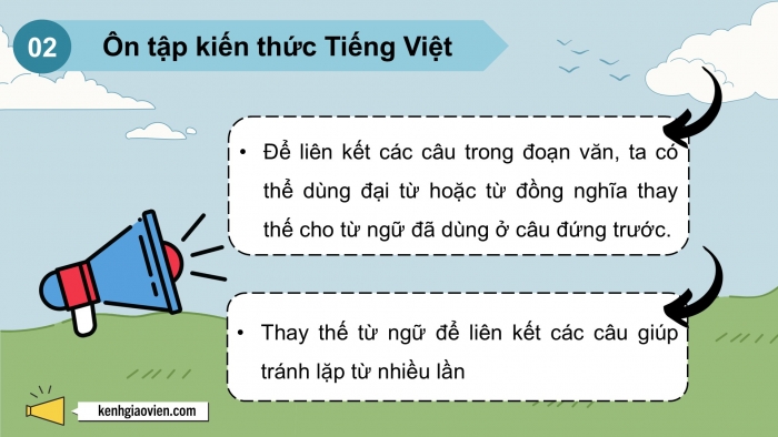 Giáo án PPT dạy thêm Tiếng Việt 5 chân trời bài 4: Bài đọc Miền đất xanh. Liên kết các câu trong đoạn văn bằng cách thay thế từ ngữ. Đoạn văn thể hiện tình cảm, cảm xúc về một bài thơ