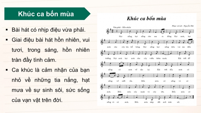 Giáo án điện tử Âm nhạc 5 kết nối Tiết 33: Nghe nhạc Khúc ca bốn mùa, Tổ chức hoạt động Vận dụng – Sáng tạo