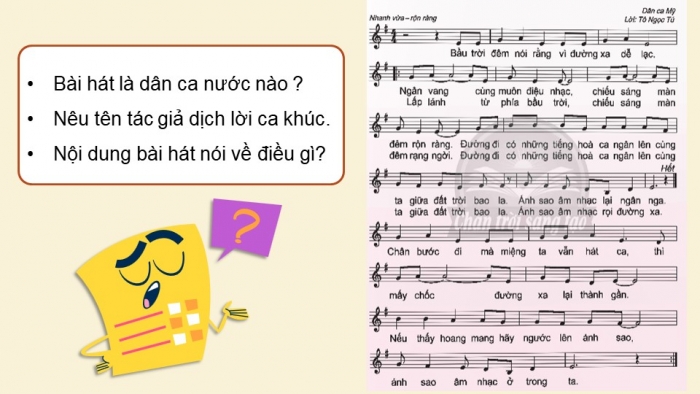 Giáo án điện tử Âm nhạc 5 chân trời Tiết 2: Hát Đi theo ánh sao âm nhạc