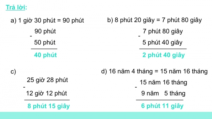 Giáo án PPT dạy thêm Toán 5 Chân trời bài 79: Trừ số đo thời gian