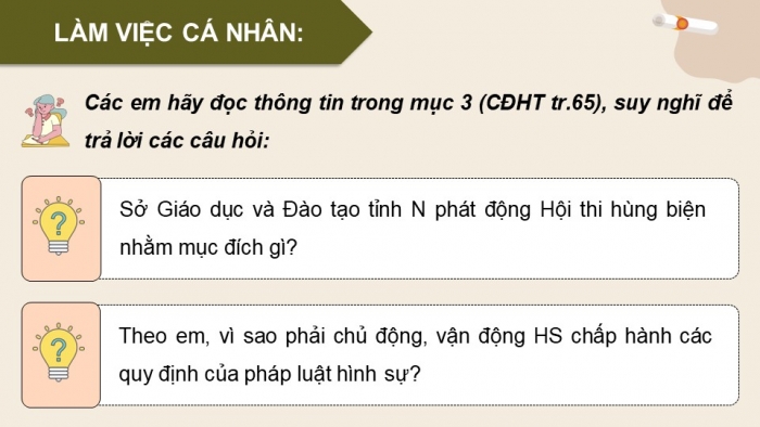 Giáo án điện tử chuyên đề Kinh tế pháp luật 10 chân trời Bài 7: Một số nội dung cơ bản của pháp luật hình sự liên quan đến người chưa thành niên phạm tội (P2)