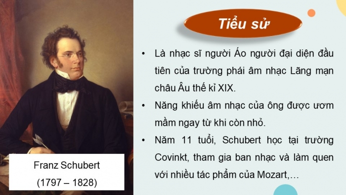 Giáo án điện tử Âm nhạc 9 chân trời Bài 19: Thường thức âm nhạc Nhạc sĩ Franz Schubert, Nghe nhạc Serenade