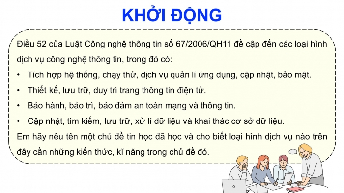 Giáo án điện tử Tin học ứng dụng 12 cánh diều Bài 1: Giới thiệu nhóm nghề Dịch vụ và Quản trị trong ngành Công nghệ thông tin