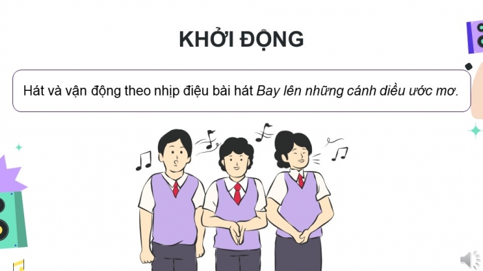 Giáo án điện tử Âm nhạc 9 cánh diều Bài 14 Tiết 2: Thể hiện tiết tấu, ứng dụng đệm cho bài hát Bay lên những cảnh điều ước mơ, Ôn tập Bài hoà tấu số 7, Trải nghiệm và khám phá Thể hiện mẫu tiết tấu bằng các động tác vỗ, gõ,... lên mặt bàn