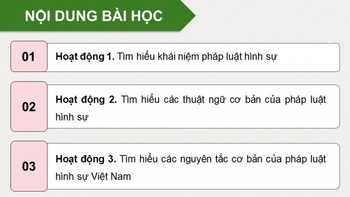 Giáo án điện tử chuyên đề Kinh tế pháp luật 10 kết nối Bài 6: Khái niệm và nguyên tắc cơ bản của pháp luật hình sự Việt Nam (P2)