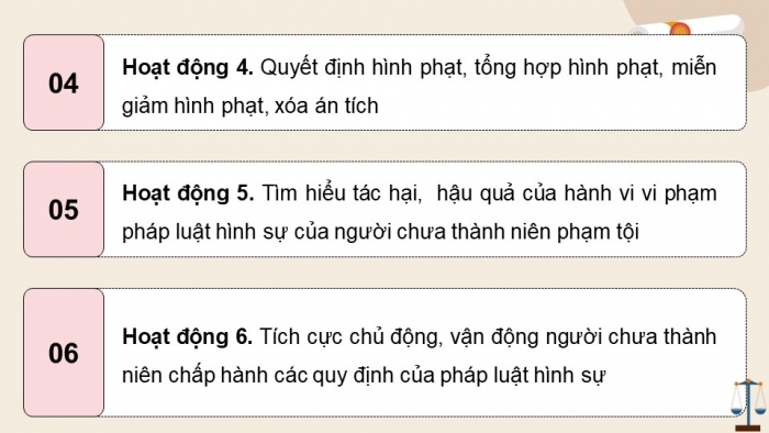 Giáo án điện tử chuyên đề Kinh tế pháp luật 10 chân trời Bài 7: Một số nội dung cơ bản của pháp luật hình sự liên quan đến người chưa thành niên phạm tội (P2)