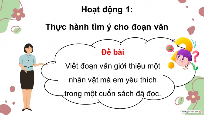 Giáo án điện tử Tiếng Việt 5 chân trời Bài 8: Tìm ý cho đoạn văn giới thiệu về nhân vật trong một cuốn sách đã đọc