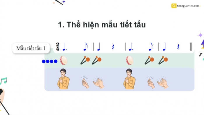 Giáo án điện tử Âm nhạc 9 cánh diều Bài 14 Tiết 2: Thể hiện tiết tấu, ứng dụng đệm cho bài hát Bay lên những cảnh điều ước mơ, Ôn tập Bài hoà tấu số 7, Trải nghiệm và khám phá Thể hiện mẫu tiết tấu bằng các động tác vỗ, gõ,... lên mặt bàn