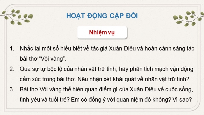 Giáo án PPT dạy thêm Ngữ văn 12 Kết nối bài 9: Vội vàng (Xuân Diệu)