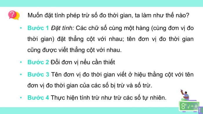 Giáo án PPT dạy thêm Toán 5 Chân trời bài 79: Trừ số đo thời gian