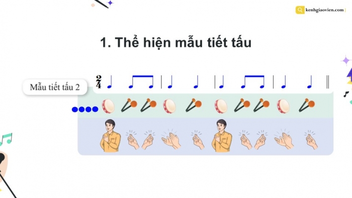 Giáo án điện tử Âm nhạc 9 cánh diều Bài 14 Tiết 2: Thể hiện tiết tấu, ứng dụng đệm cho bài hát Bay lên những cảnh điều ước mơ, Ôn tập Bài hoà tấu số 7, Trải nghiệm và khám phá Thể hiện mẫu tiết tấu bằng các động tác vỗ, gõ,... lên mặt bàn