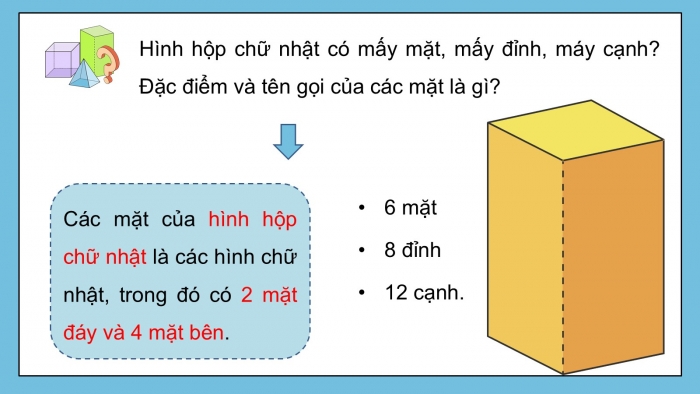 Giáo án PPT dạy thêm Toán 5 Cánh diều bài 58: Hình hộp chữ nhật. Hình lập phương. Hình trụ