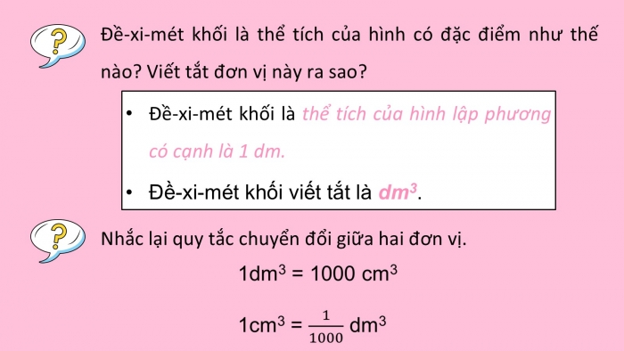 Giáo án PPT dạy thêm Toán 5 Cánh diều bài 63: Xăng-ti-mét khối. Đề-xi-mét khối