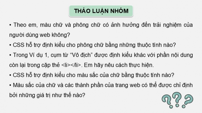 Giáo án điện tử Tin học ứng dụng 12 chân trời Bài F8: Một số thuộc tính cơ bản của CSS