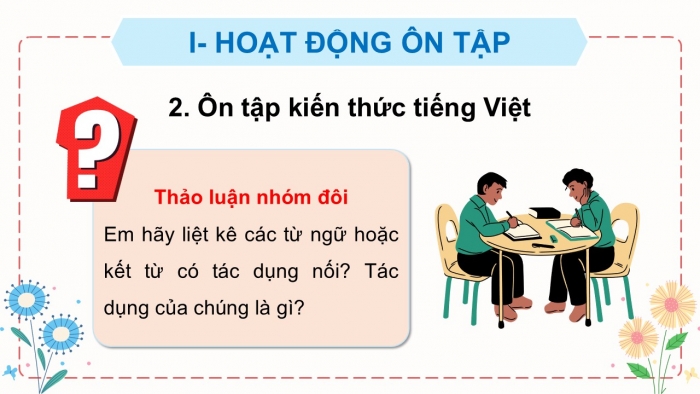 Giáo án PPT dạy thêm Tiếng Việt 5 cánh diều Bài 18: Cô gái mũ nồi xanh, Luyện tập liên kết câu bằng từ ngữ nối