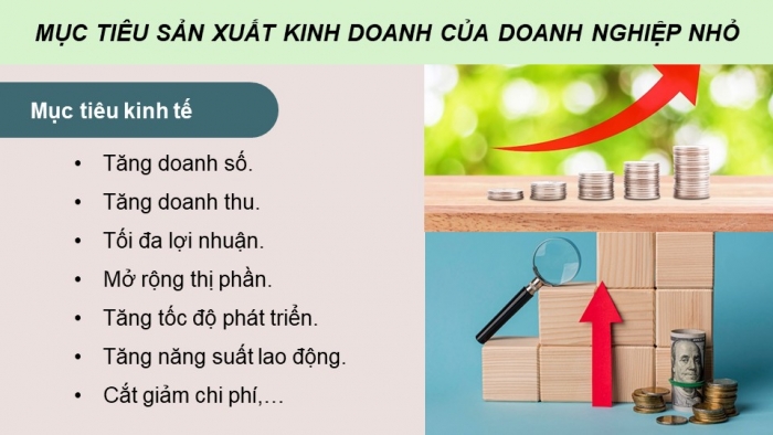 Giáo án điện tử chuyên đề Kinh tế pháp luật 10 cánh diều Bài 5: Mục tiêu và nhân tố ảnh hưởng đến sản xuất kinh doanh của doanh nghiệp nhỏ