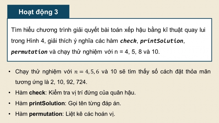 Giáo án điện tử chuyên đề Khoa học máy tính 11 cánh diều Bài 5: Thực hành kĩ thuật quay lui giải bài toán xếp hậu