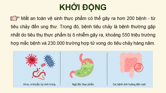 Giáo án điện tử chuyên đề Sinh học 11 cánh diều Bài 9: Tác hại của mất vệ sinh an toàn thực phẩm. Cách phòng và điều trị ngộ độc thực phẩm