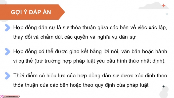 Giáo án điện tử chuyên đề Kinh tế pháp luật 11 cánh diều Bài 7: Một số chế định của pháp luật dân sự về hợp đồng dân sự, nghĩa vụ dân sự, sở hữu trí tuệ và chuyển giao công nghệ