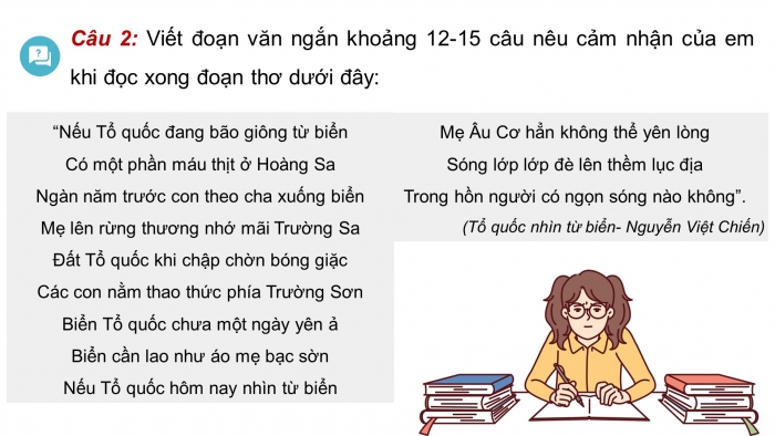 Giáo án PPT dạy thêm Ngữ văn 9 Cánh diều bài 7: Viết đoạn văn ghi lại cảm nghĩ về một bài thơ tám chữ
