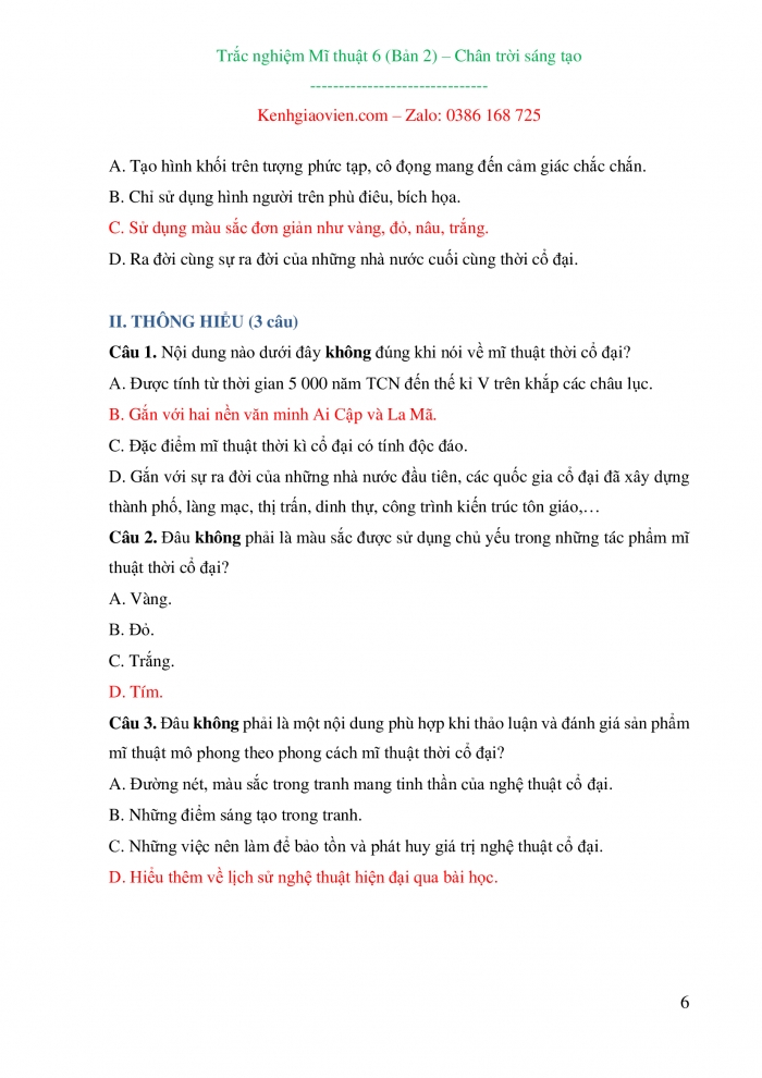 Trắc nghiệm Mĩ thuật 6 chân trời sáng tạo bản 2