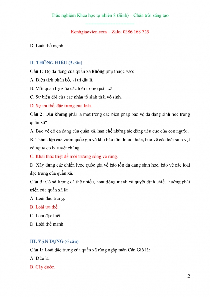 Trắc nghiệm Sinh học 8 chân trời sáng tạo